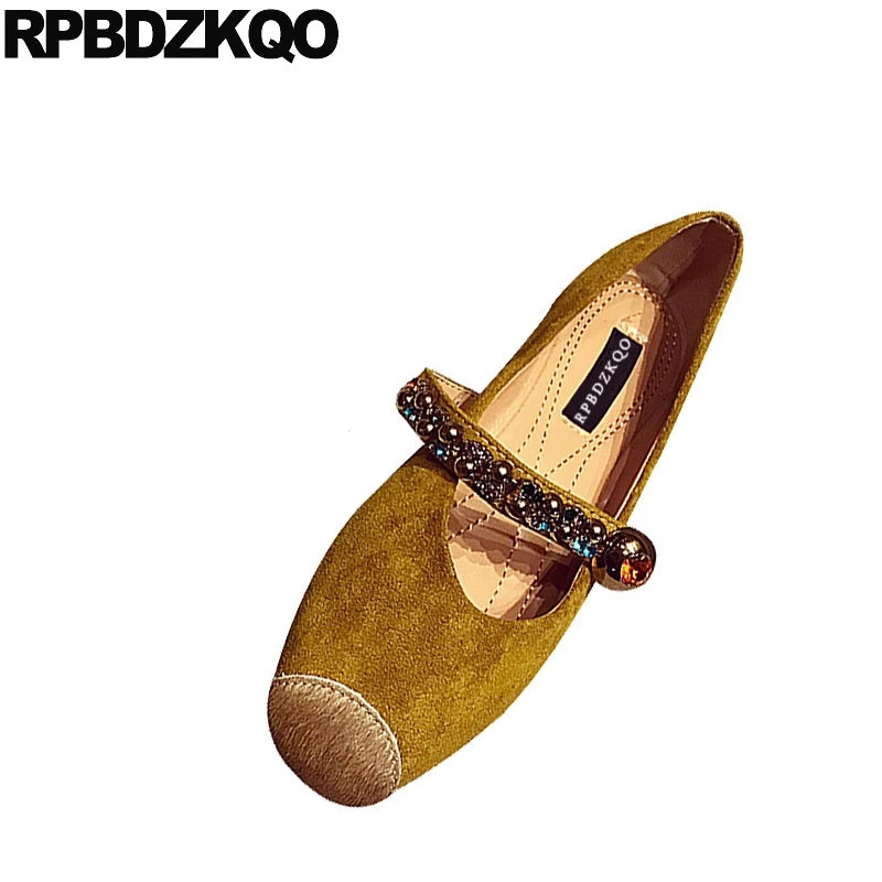 

crystal diamond ladies beautiful flats shoes japanese school round toe mary jane fitness rhinestone women square suede yellow
