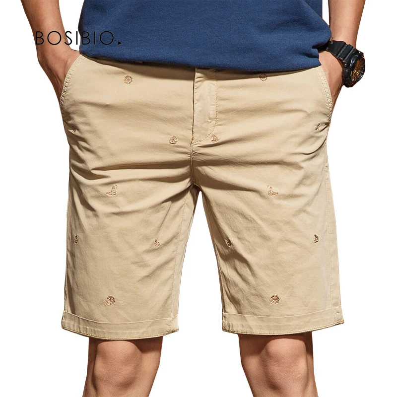 BOSIBIO Casual Mens Cotton Shorts Embroidery Male Spring Autumn Loose