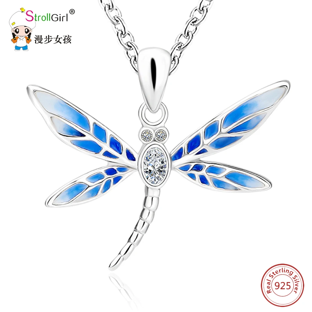 

StrollGirl Blue Dragonfly Pendants & Necklaces For Women 925 Sterling Silver Cubic zirconia Necklace Chain Fashion Jewelry Gifts