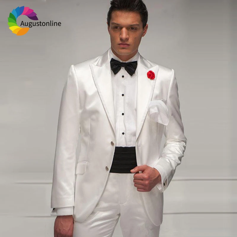 Italian White Men Suits Peaked Lapel Wedding Tuxedos Groom Wear 2 Pieces (Jacket+Pants) Terno Slim Fit Costume Homme Blazer