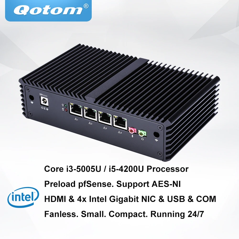 

QOTOM pfSense Mini PC AES-NI I3-5005U I5-4200U Processor Fanless 4 Gigabit NIC Serial USB Ports Advanced Qotom Firewall Router