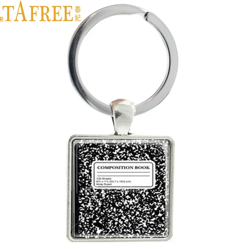 

TAFREE Black White Composition Book Square Keychain 2018 New Vintage Keyring Key Chain Ring Holder For Teacher Gift Jewelry AA43