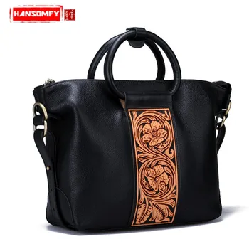 

Genuine Leather Women Handbags Carving Retro Multi-purpose Shoulder Messenger Bags Handmade First Layer Cowhide New Original