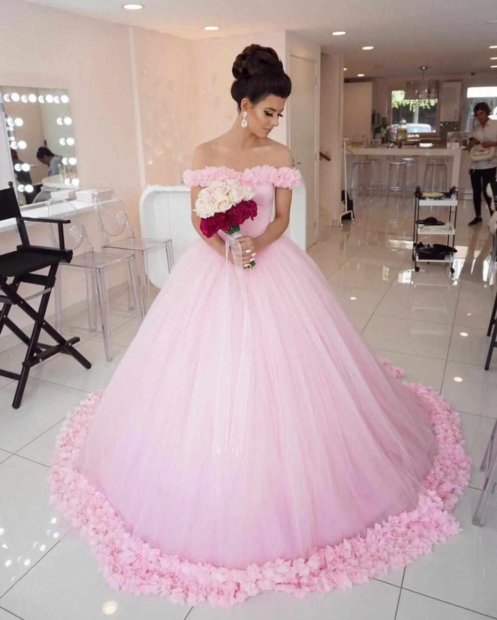 Prinzessin Stil Ballkleid Brautkleider Rosa 2017 Neueste Schulterfrei Floral Tull Brautkleider Vestido De Noiva Princesa Vestido De Noiva Princesa Noiva Princesatulle Bridal Gown Aliexpress