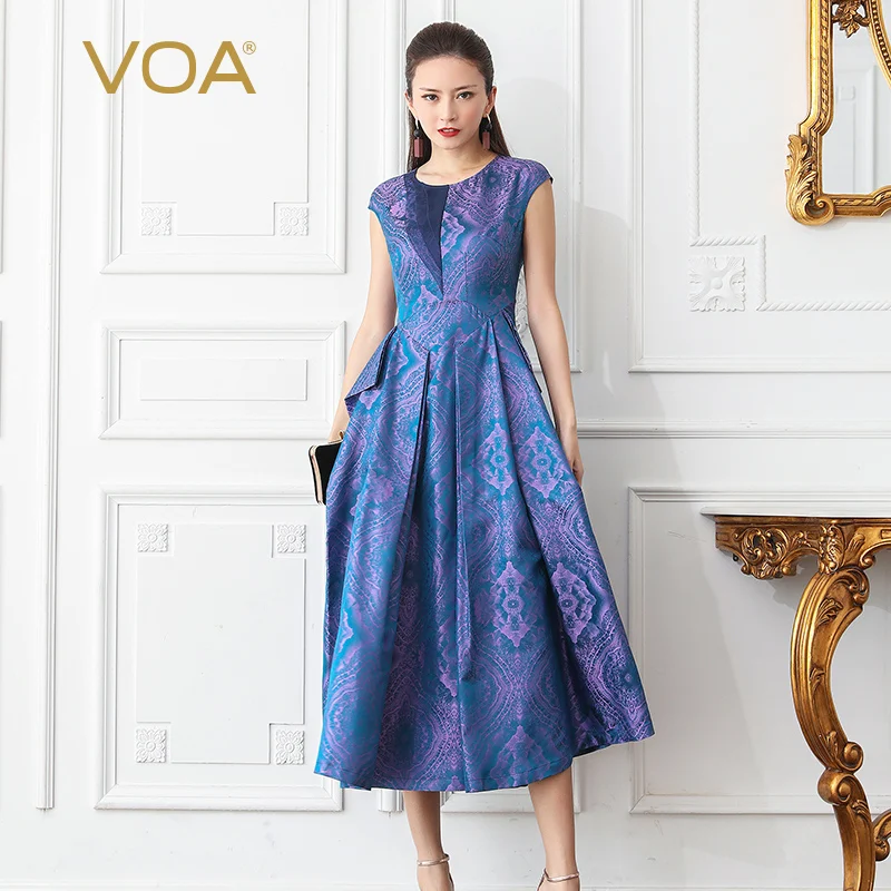 

VOA Jacquard Silk Party Dresses Women Long Dress Plus Size 5XL Vintage Elegant Purple Slim High Waist Tunic Summer Luxury A616