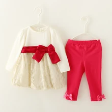 Комплект одежды с бантом для маленьких девочек; кружевная блузка с длинными рукавами в стиле пэчворк и штаны; хлопковая одежда принцессы для девочек