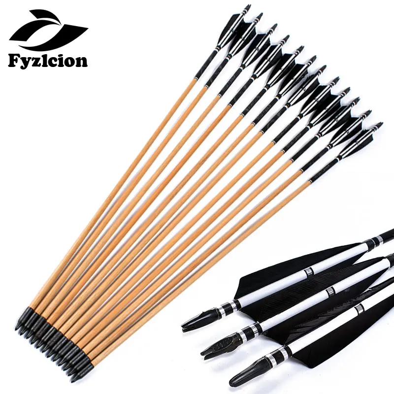 12x Wooden Arrows Shaft Plastic Feathers Archery Practice Long/Recurve Bow 