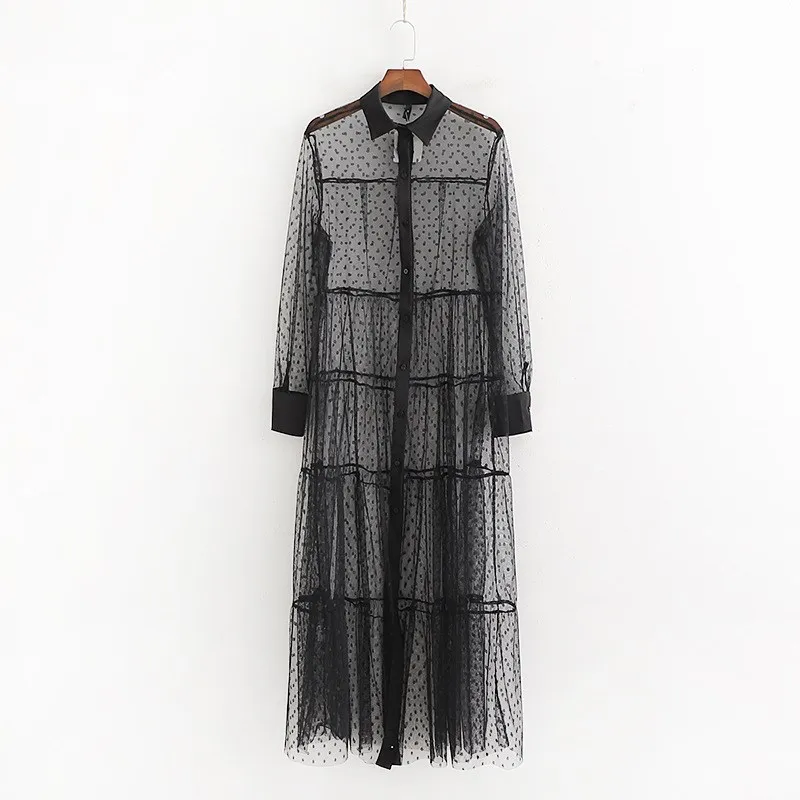 

2019 Female Polka Dot Tulle sheer Summer Sexy Dress Women Turn-down Collar Long Sleeve Long Dress