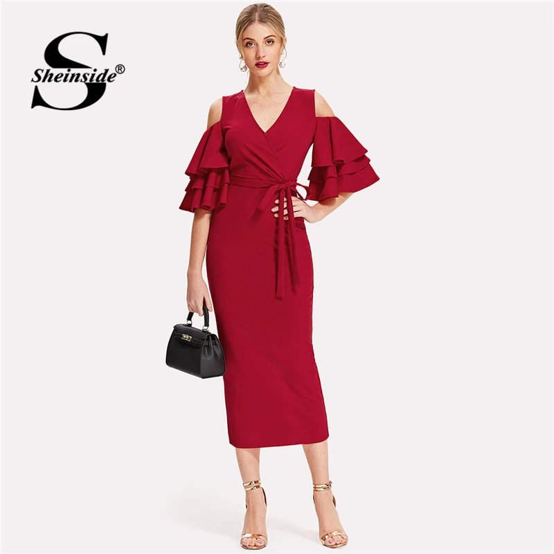 

Sheinside Red Bodycon Dress Women V Neck Ruffle Sleeve Belt Back Split Pencil Dress 2018 Summer Elegant Party Dress