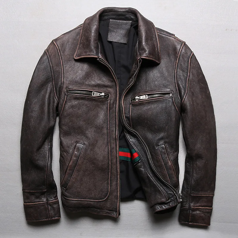 0 : Buy 2018 New Men Retro Vintage Brown Genuine Leather Jacket Fashion Motorcycle ...