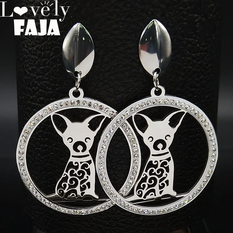 

2019 Fashion Chihuahua Stainless Steel Crystal Earrings for Women Silver Color Stud Earing Jewelry pendientes acero E612762