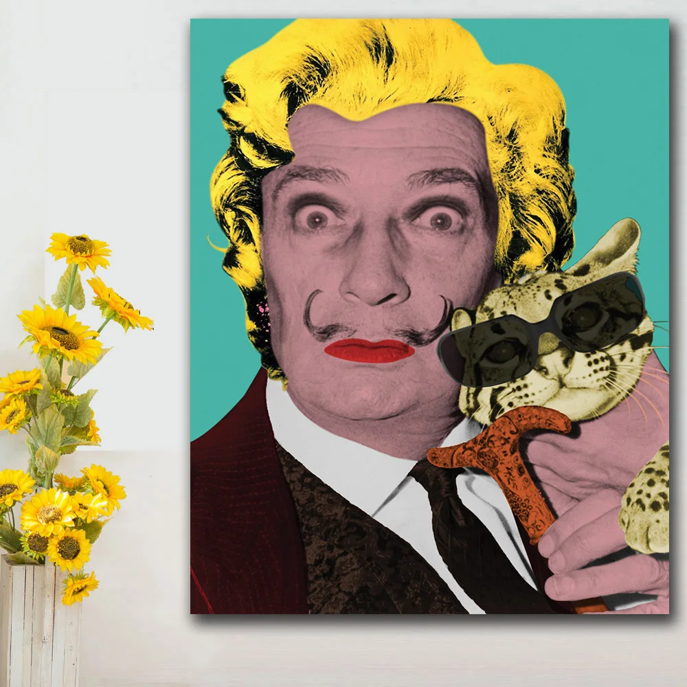 Salvador Dali and Cat with Glasses Printed on Canvas