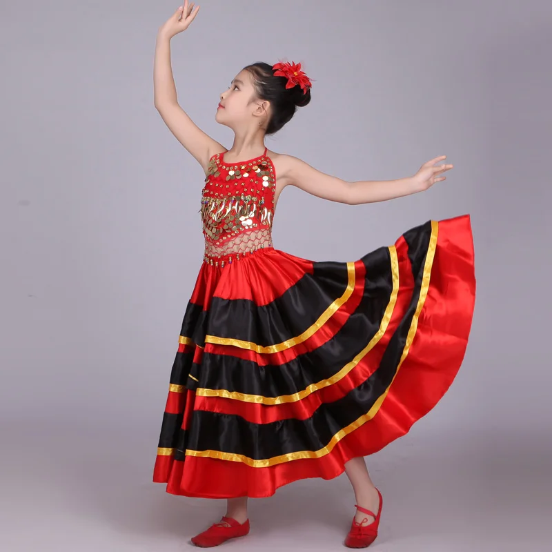 Бальная юбка для девочек, детский черный Испанский костюм, длинное красное платье для девочек в стиле фламенко, танцевальные платья, костюмы для детей, одежда