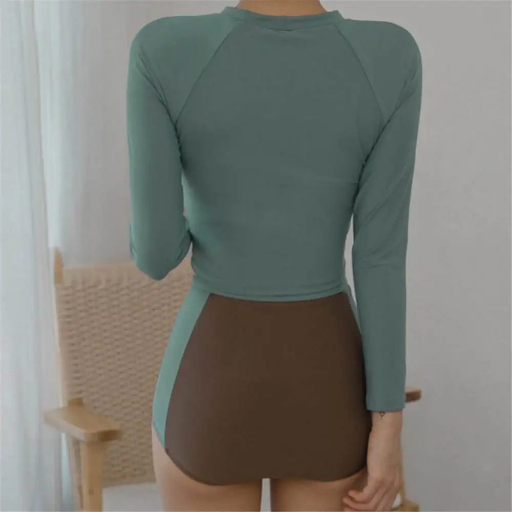 Long Sleeve Two Piece Rash Guard Women Solid Swimwear High Waist Surfing Suit High Neck Diving Shirt Korea Tankini Push Up Beach