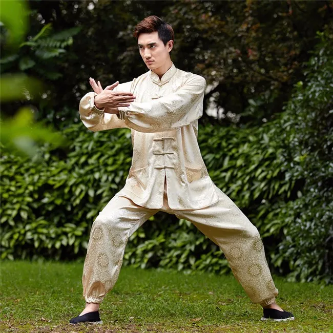 Винтаж бежевый китайский Для мужчин кунг-фу форма Атлас Тай чи костюм для мальчиков с длинным рукавом XXS XS S M L XL XXL XXXL 2526