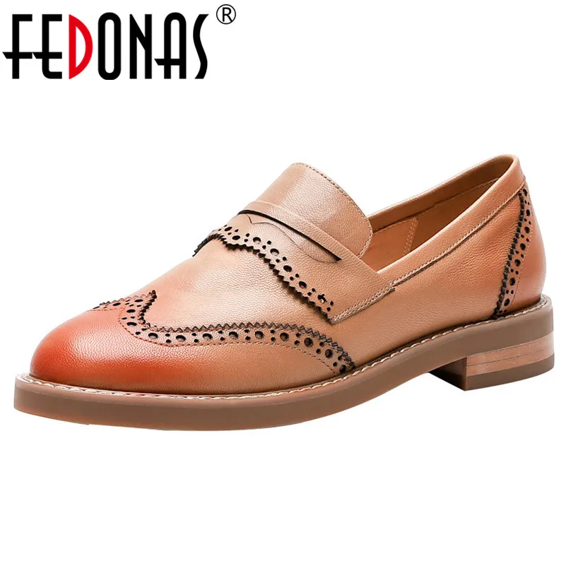 

FEDONAS Classic Round Toe Square Heels Brogue Shoes Spring Summer New Shallow Slip On Genuine Leather Elegant Office Lady Shoes