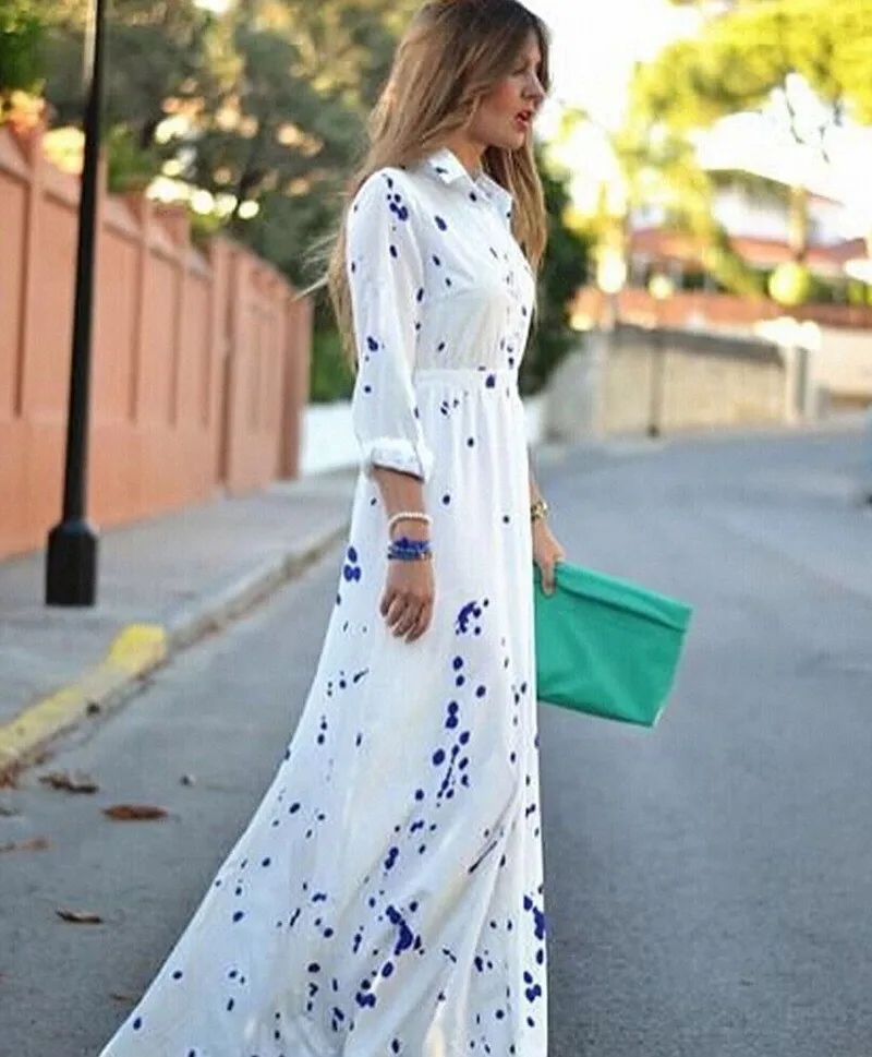 Women\'s Sexy Summer Dress 2016 New Boho Evening Party Maxi Long Dress Blue Dot White Color Elegant Holiday Beach Chiffon Dresses (4)