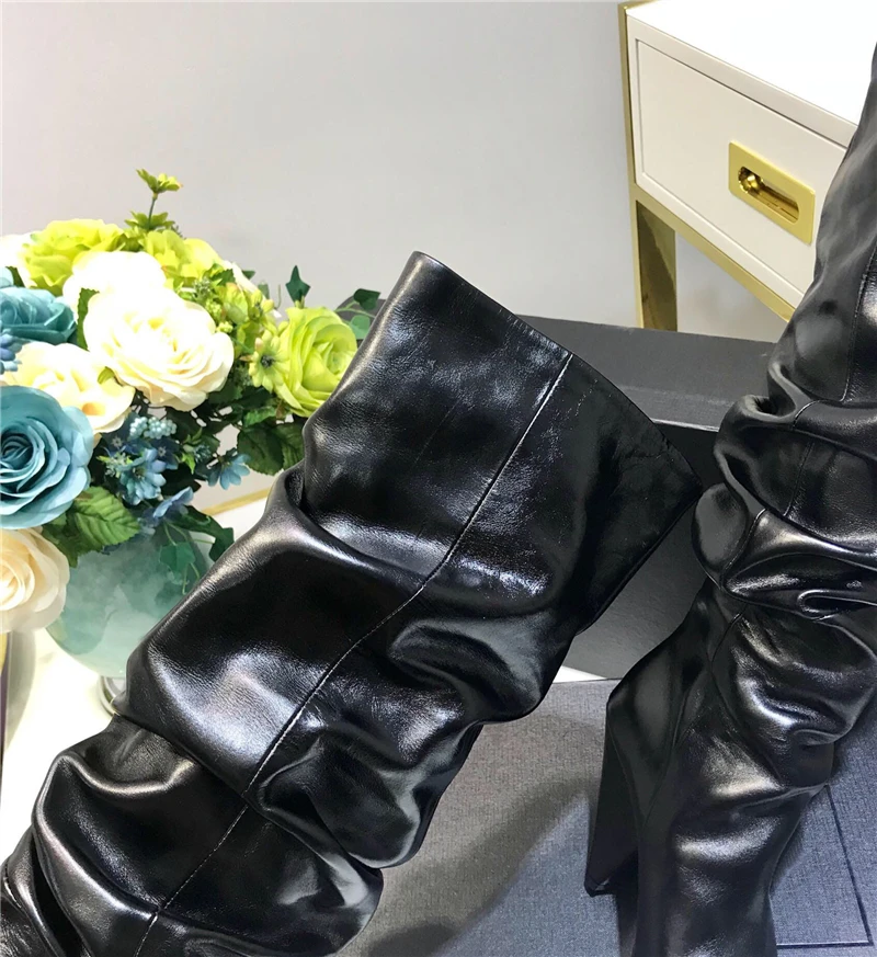 BuonoScarpe Leather Knee High Boots Woman Pointed Toe Strange High Heel Shoes Women Chic Spike Heel Long Pleated Boots New