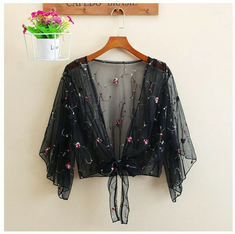 

2019 Women Long Sleeve Embroidery Flowers Bikini Cover Up Tops Cardigan Beach Coat Outwear Mesh See Through V-neck Lace-up Coats