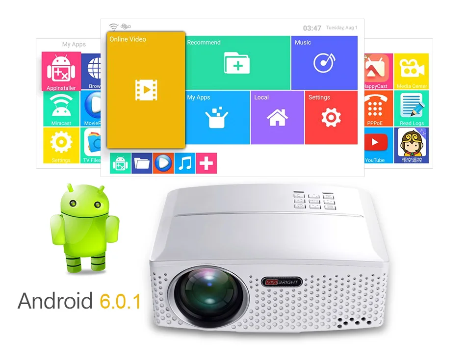 VIVIBright распродажа светодиодный проектор GP80UP, Встроенный Android, Bluetooth wifi, есть в Бразилии, России