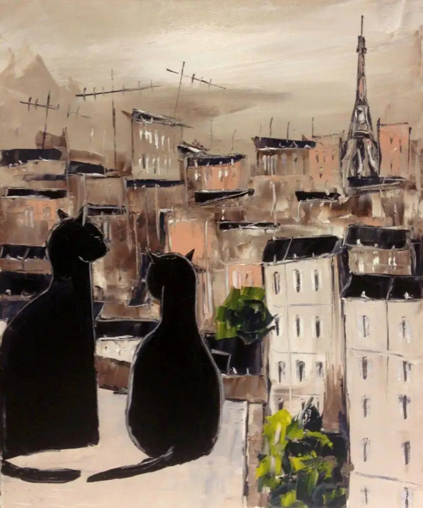 

Contemporary Modern Abstract Wall Art Animal Painting Reproduction Black Cat and His Pretty on Paris Roofs Atelier de jiel