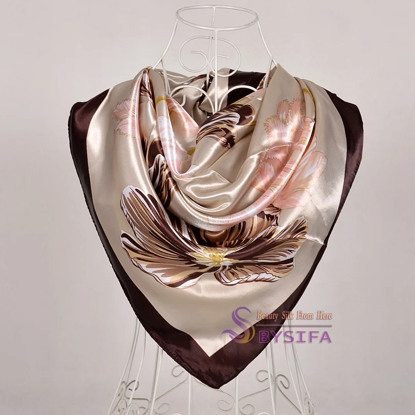 [BYSIFA] бежевый хаки шелковый шарф шаль Женская мода китайские розы дизайн зима большой площади атласные шарфы шарф весна осень