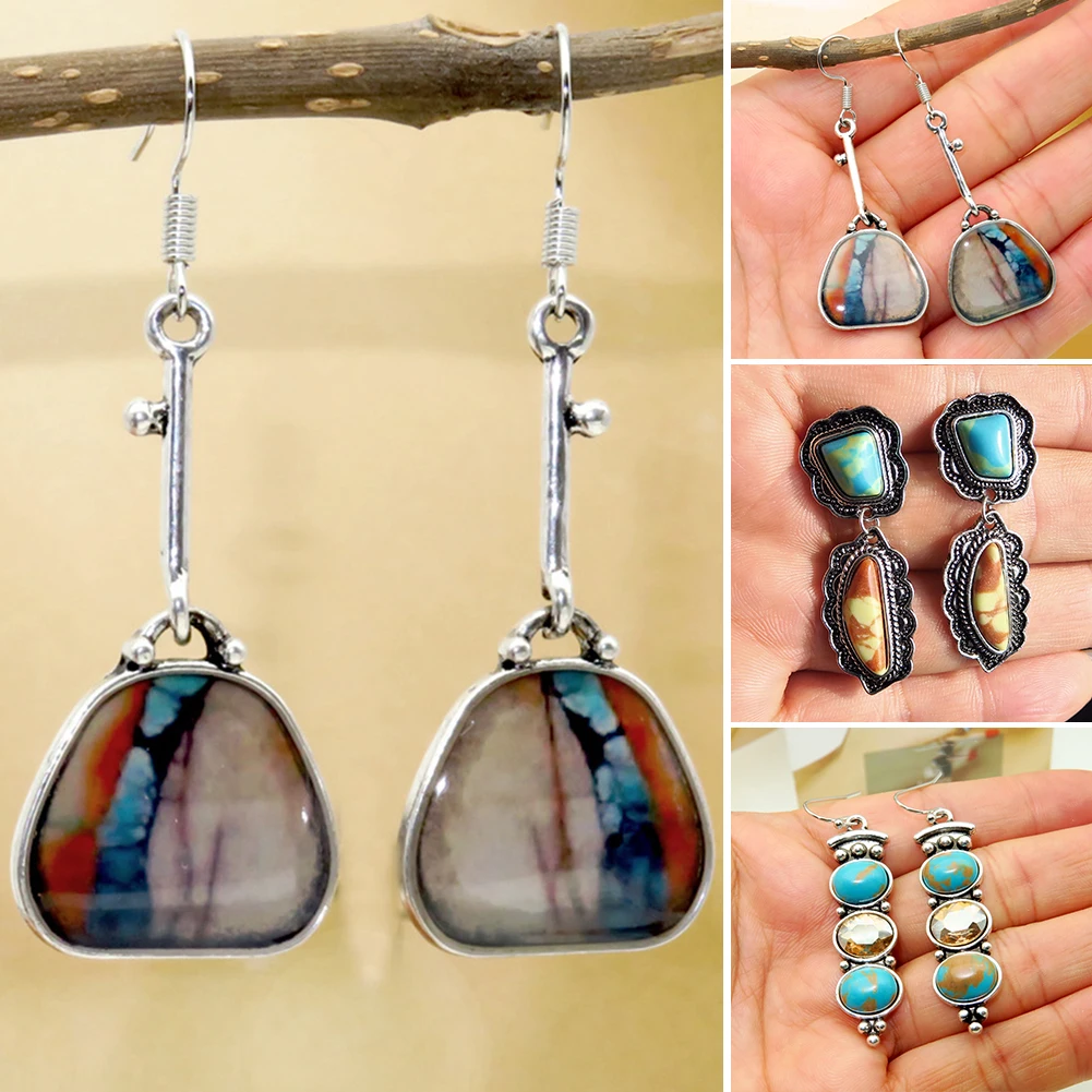 

Bohemia Earring Silver Hook Hanging Dangle Earrings Colorful Glaze Natural Stone Opal Long Drop Earrings for Women