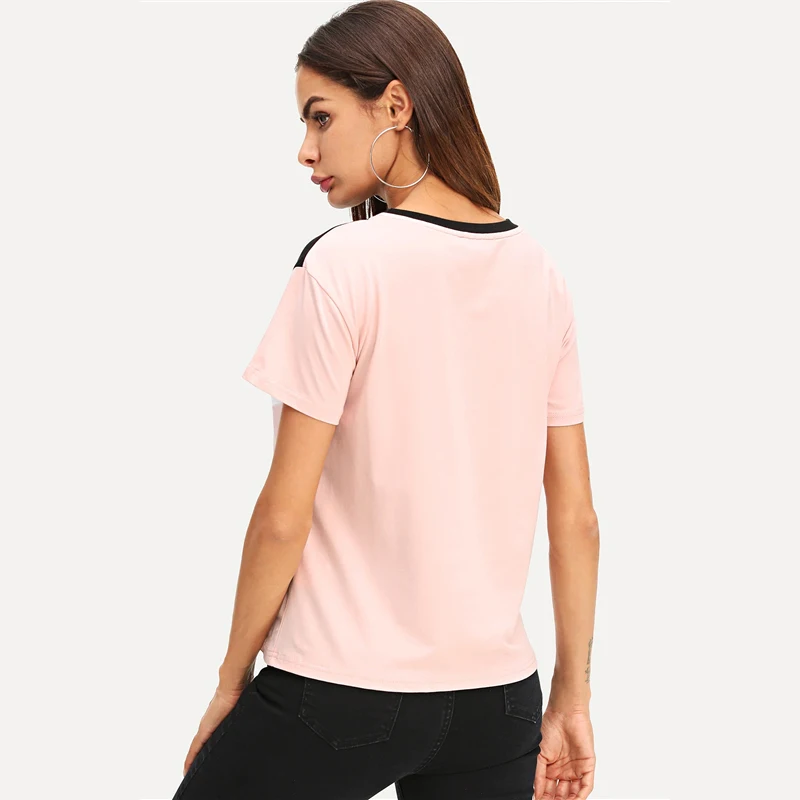 SweatyRocks, цветная футболка с коротким рукавом, уличная одежда с круглым вырезом, модные футболки, летние повседневные женские тянущиеся пуловеры, топы