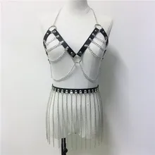 Сексуальная Готическая цепь с металлическими звеньями, комплект из двух предметов, жгут тела, мода, открытая спина, клетка, топик, талия, юбка-бандаж, вечерние костюмы для клуба