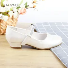 Princesa Crianças Sapatos de Couro Genuíno Para Meninas de Cristal Glitter Crianças 2.5 cm Salto Baixo Casuais Meninas Sapatos de Festa Branco Fletiter