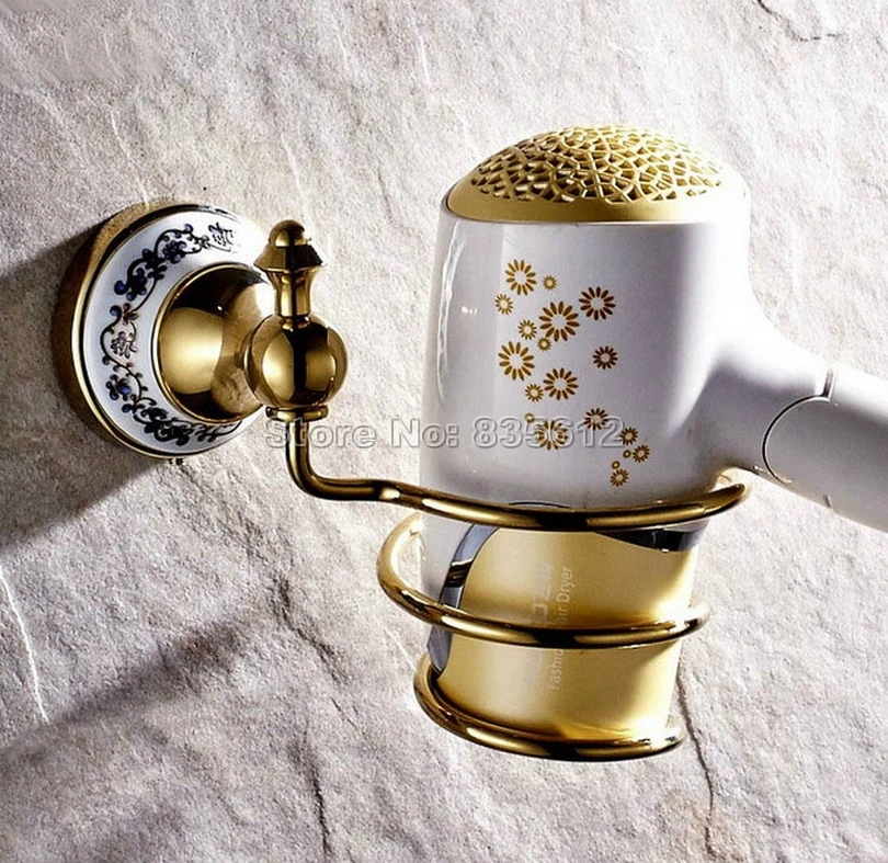 Gold Color Brass Wall Mounted Convenient Bathroom Hair Dryer Holder Rack Hair Drier Storage Organizer / Bathroom Shelves Wba258 gold finish brass bathroom hair dryer holder wall mounted