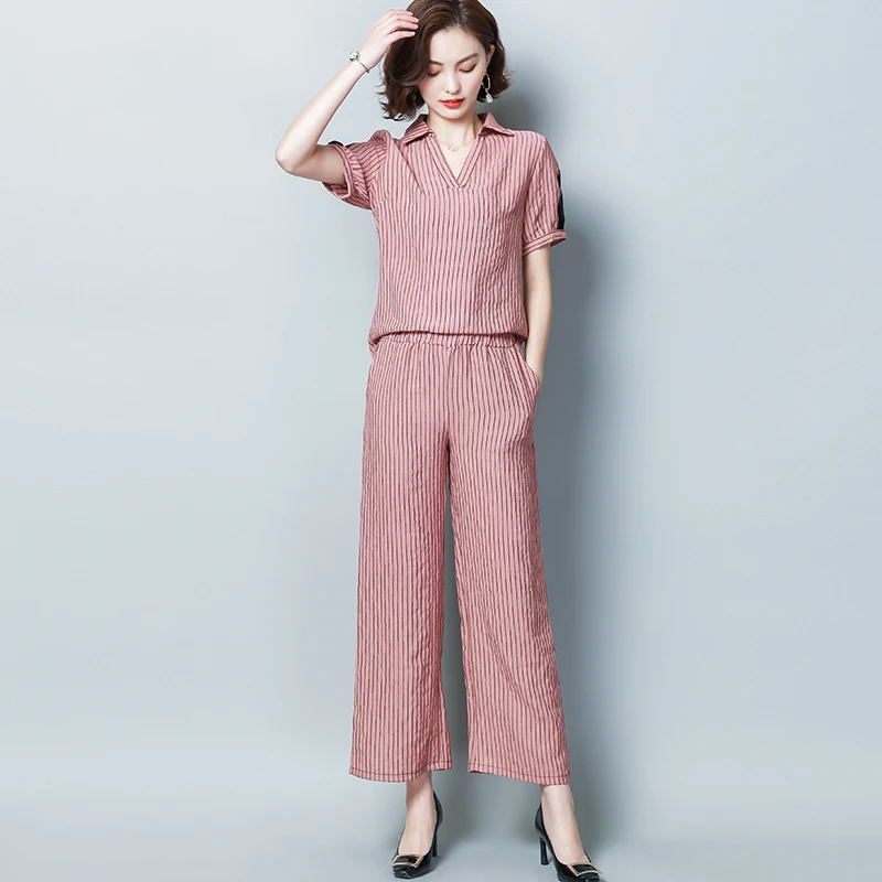 

Co-ord Set 2019 Summer Two Piece Outfits Tracksuits for Women Plus Size Large Black Striped Office Work Top and Pants Suits