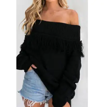 

2017 Autumn Sweaters Women Long Sleeve Off Shoulder Knitted Sweater Tassels Pullover Jumper Top Knitwear Thick Tops