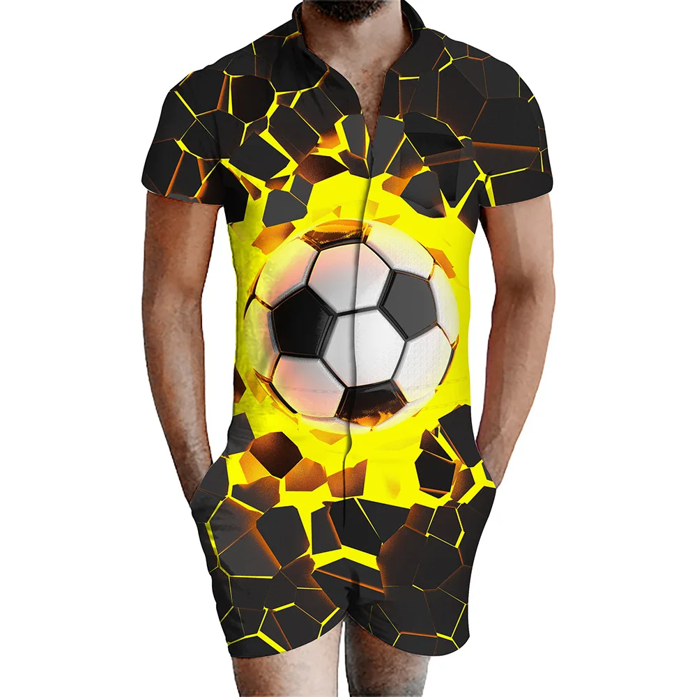 Short Sleeve Shirt Boy Jumpsuit 3D Foot Ball Printing Men Beach Suit Cargo Overalls Summer One Piece Dropship Rompers
