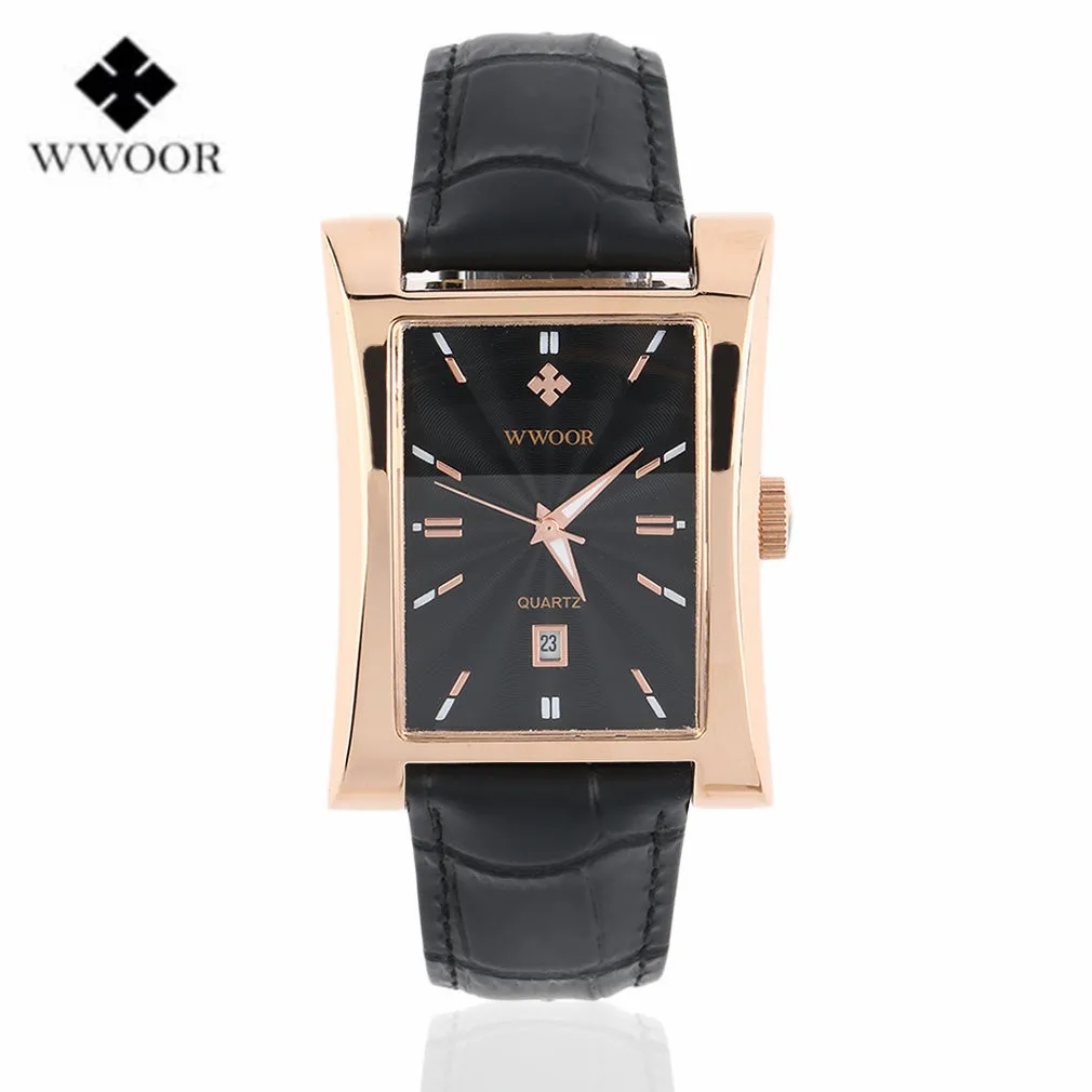 

WWOOR Male Hour Date Square Clock Quartz Dial Waterproof Watch Leather Strap Sport Wrist Watch Luxury Band Relogio Masculino