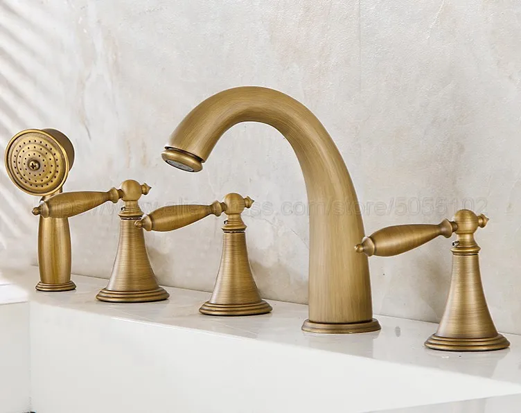 Antique Brass 5pcs Bathroom Tub Sink Faucet with Hand Shower Deck Mounted 5 Holes 3 Handles Bathtub Taps ztf036