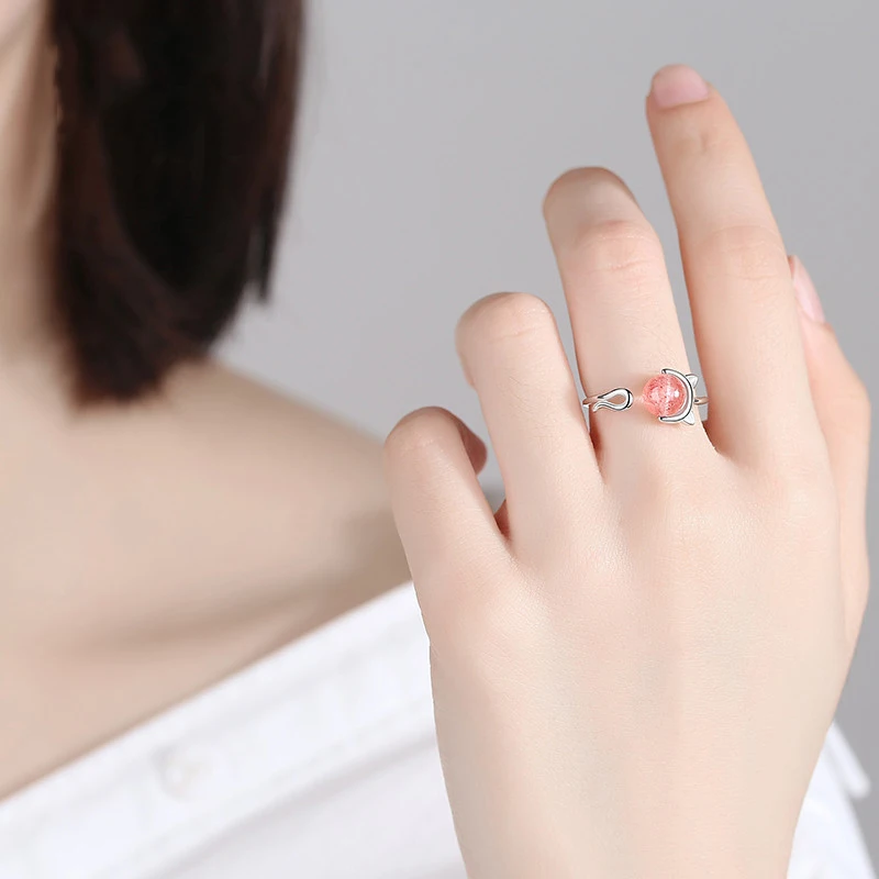 

Korean Fashion Sweet and Lovely Strawberry Crystal Cat Ring Cute Pet Open Tail Wedding Engagement Ring Jewelry for Women 2019