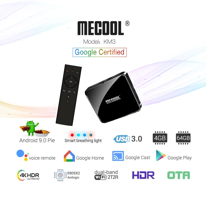 

MECOOL KM3 ATV Androidtv 9.0 Smart Box 4G/64G Streaming 4K Androidtv TVBox Amlogic S905X2 2.4/5Ghz Wifi BT USB3.0 Set Top Box