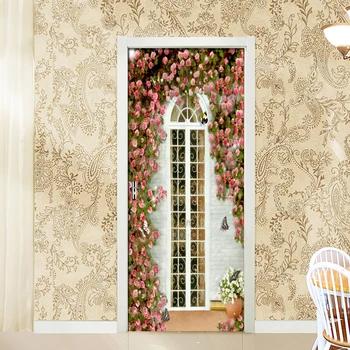 

Home Decor Door Sticker European Garden Rose House Wallpaper Living Room Door Decals Vinyl Self Adhesive Door Mural Wall Sticker