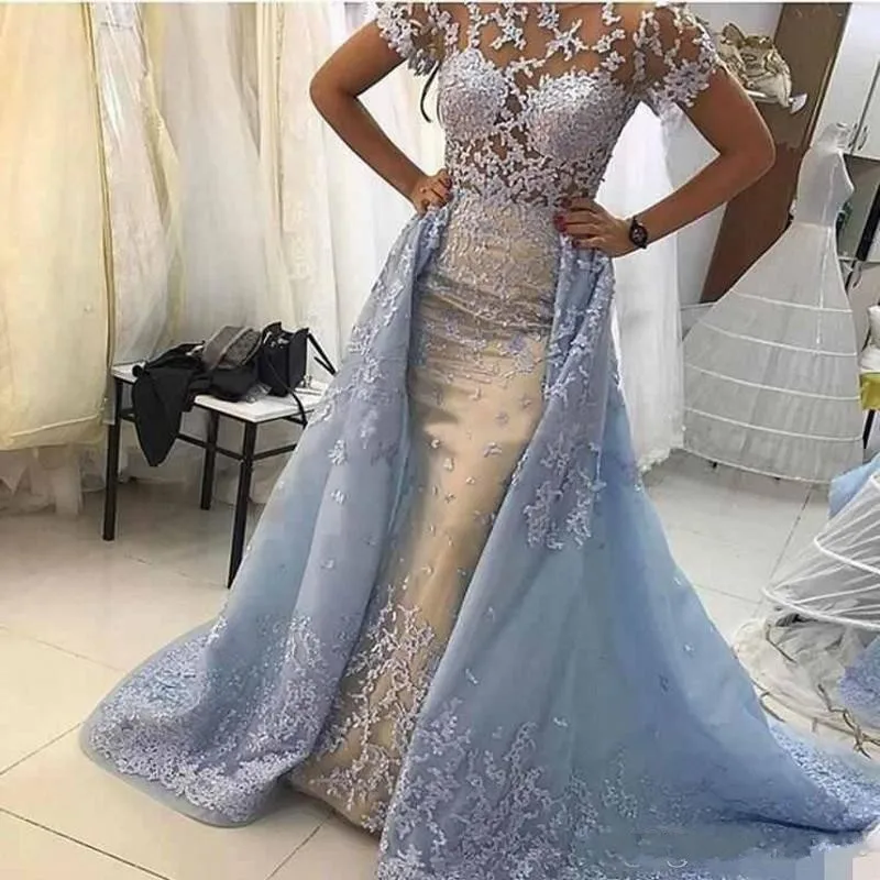 

abendkleider Elegant Evening Dress Detachable Tail Robe De Soiree abiye robe longue Dusty Blue Evening Dresses Lace Sleeves