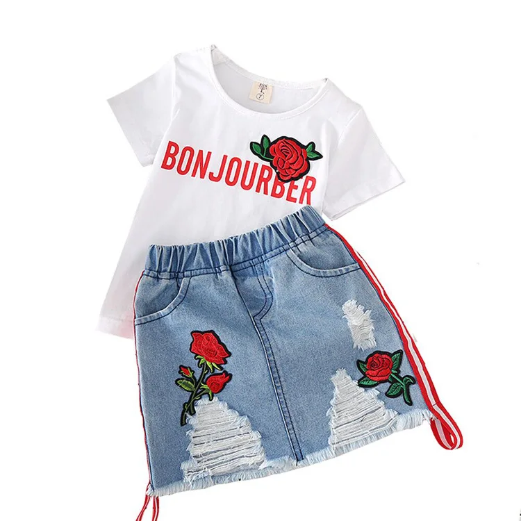 Girls Summer clothes set Short Sleeve white T-shirt Denim Skirt floral embroider kid girl outfit 2019 children Boutique clothing