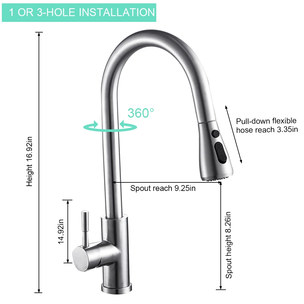 Кухонный кран с поворотным носиком на 360 градусов, смеситель для раковины, кран из нержавеющей стали с выдвижным распылителем для биде, кран для холодной и горячей воды