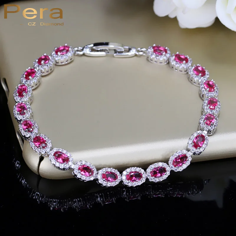 

Pera 925 Sterling Silver Women Jewelry Rose Red Cubic Zirconia Crystal Oval-Shape Connected Chain & Link Bracelets For Gift B050