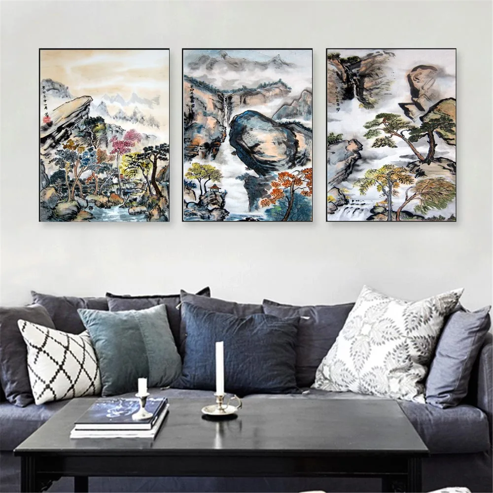3 Piece Chinese Watercolor Mountain Canvas Art Print Triptych Painting