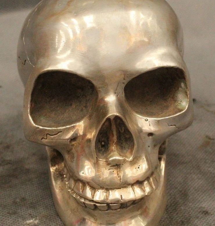 

4"China Chinese Sillver Lifelike Skull Head By Gamble Statue