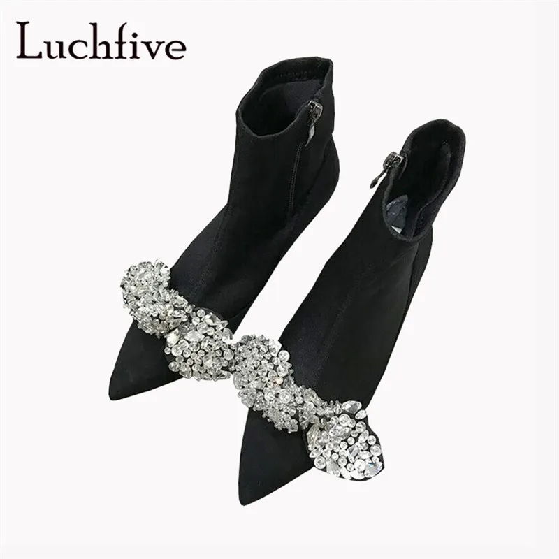 

Elegant butteryfly knot crystal short boots pointy toe thin high heels party shoes black zipper rhinestone ankle boots women