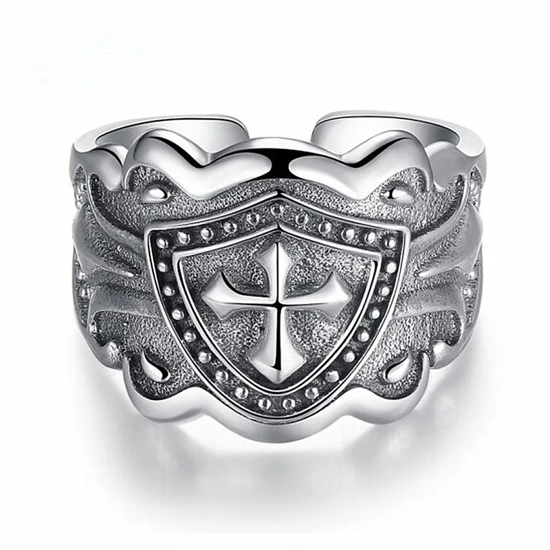 

Men Knights Templar Rings Vintage Cross Armor Shield Adjustable Male Rings High Quality Copper Plated Silver Fashion Jewelry