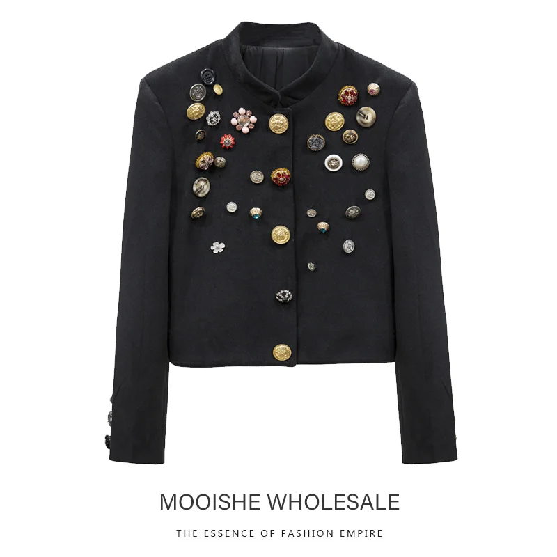 

Different Buttons Women Black Jacket Stand Neck Straight Long Sleeve Slim Jacket Coat