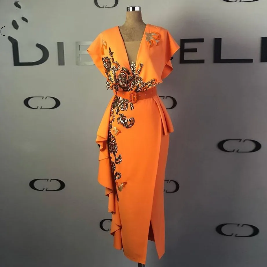 

vestido longo Evening Gown robe de soiree Sequins Formal Dresses Orange Cap Sleeve Long Midi Calf Evening Dress abiye
