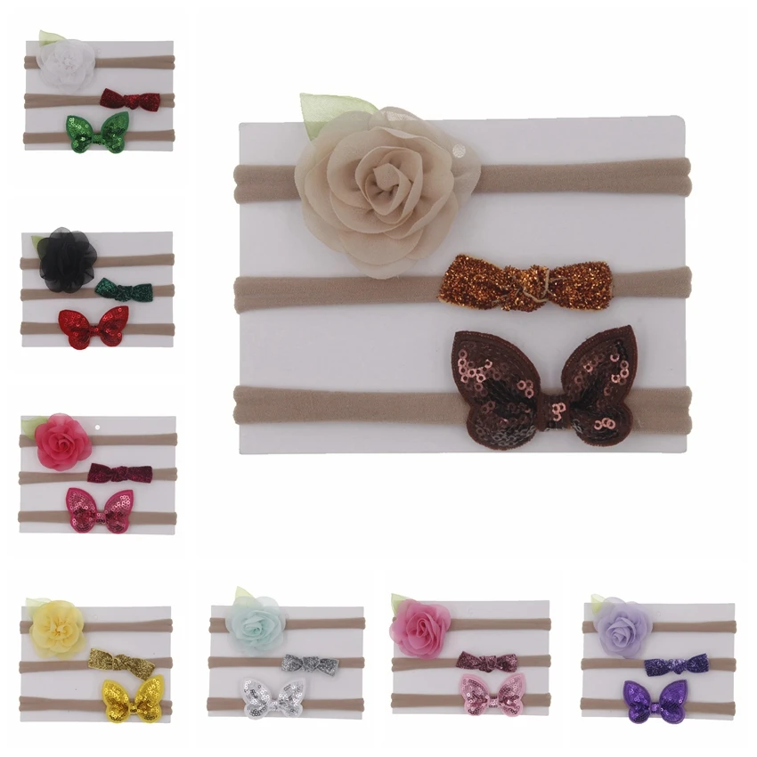 Cute 3pcs/lot Baby Girls Hairbands Rose Flowers Sequin Bows Kids Infant Headbands Children Girl Hair Accessories Gift Set